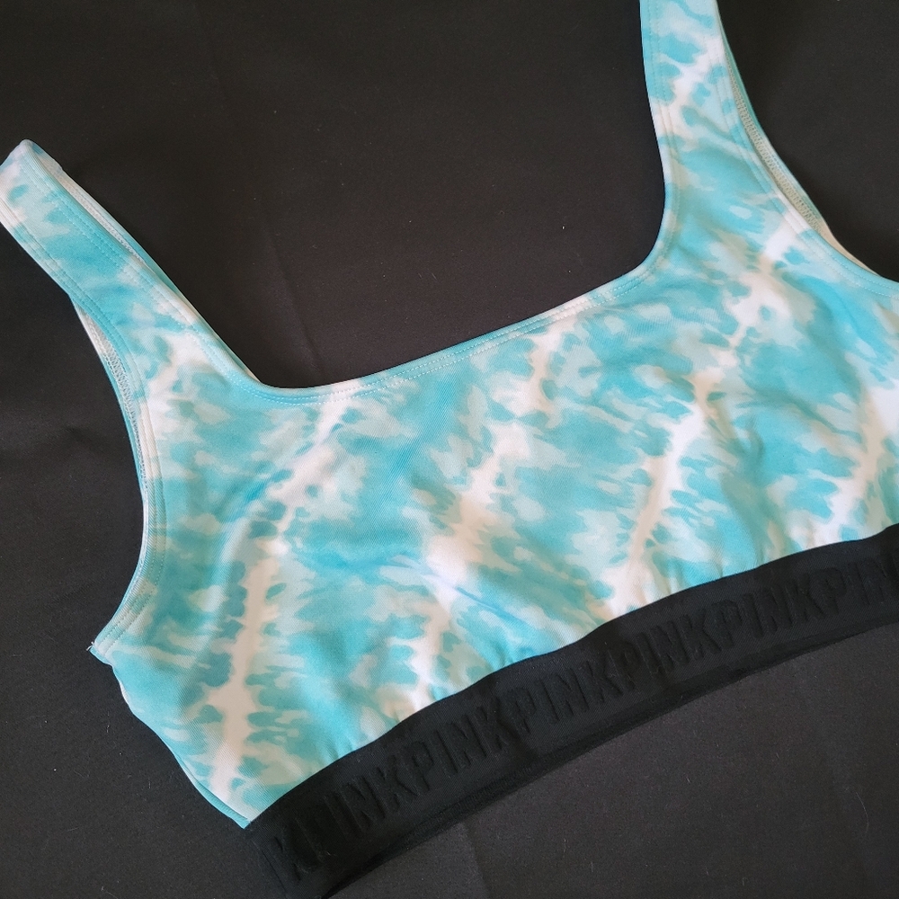 Victoria's Secret PINK Large Blue White Sports Bra Tie Dye Watercolor Light Band
